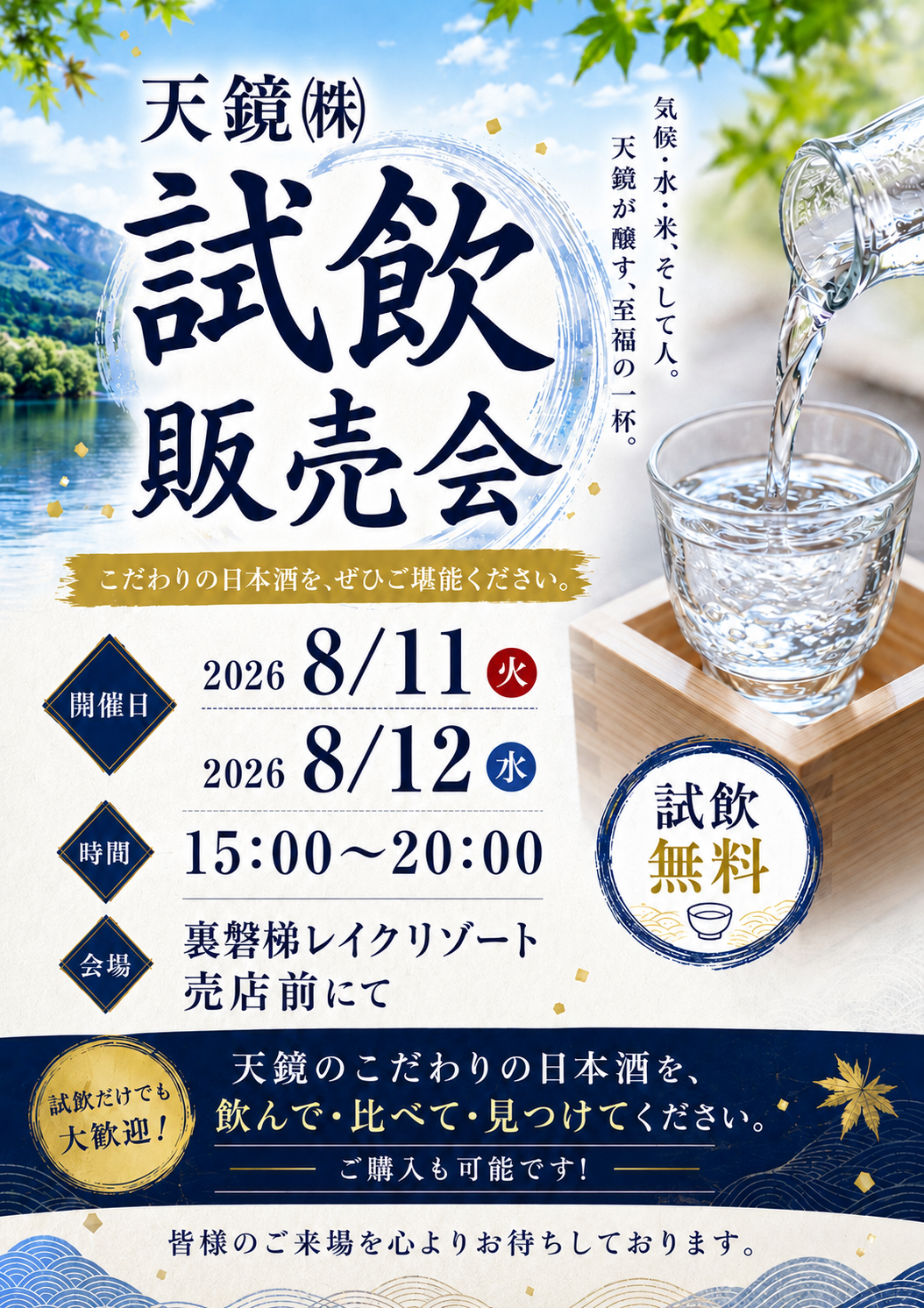 【免费试饮】 8/11 (周二) ~8/12 (周三) 举行!请一定品尝天镜考究的日本酒。